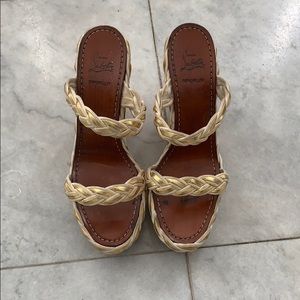 Christian Louboutin white and gold braided wedges